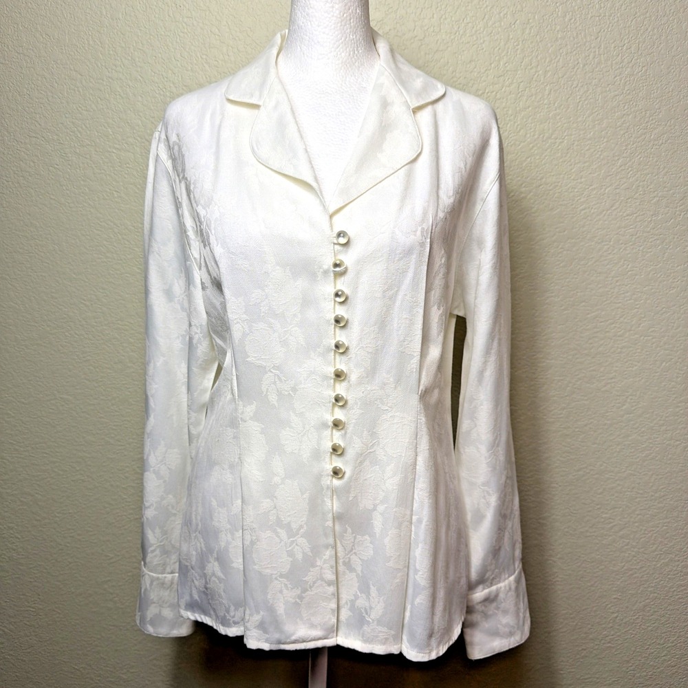 Maggie Lawrence Blouse Womens M White Floral Damask Button Up Cotton Shirt VTG